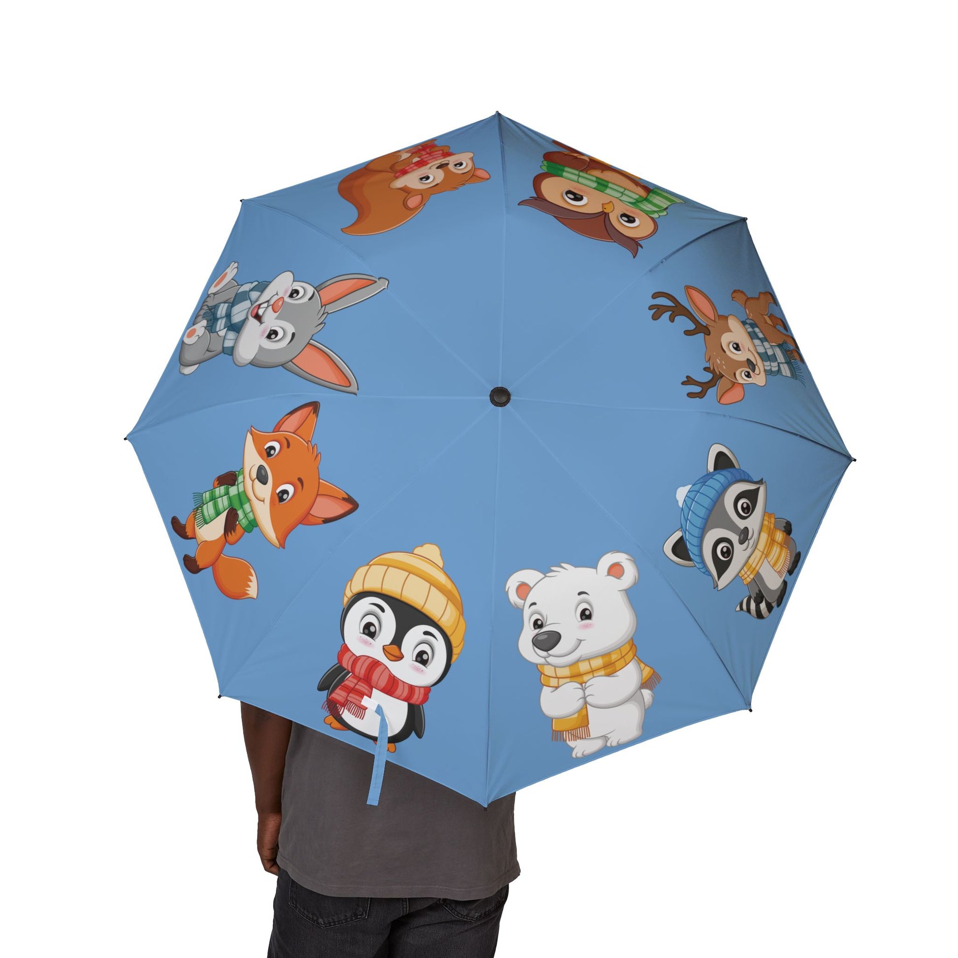 Umbrella with cartoon animal characters on a blue background
