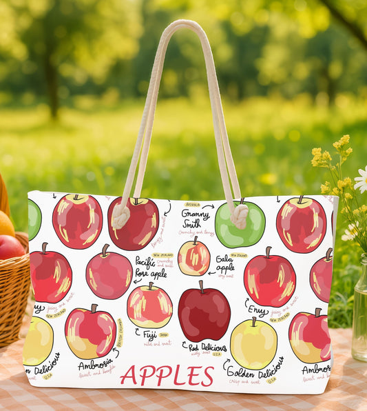 Tote bag with apple design in a garden setting