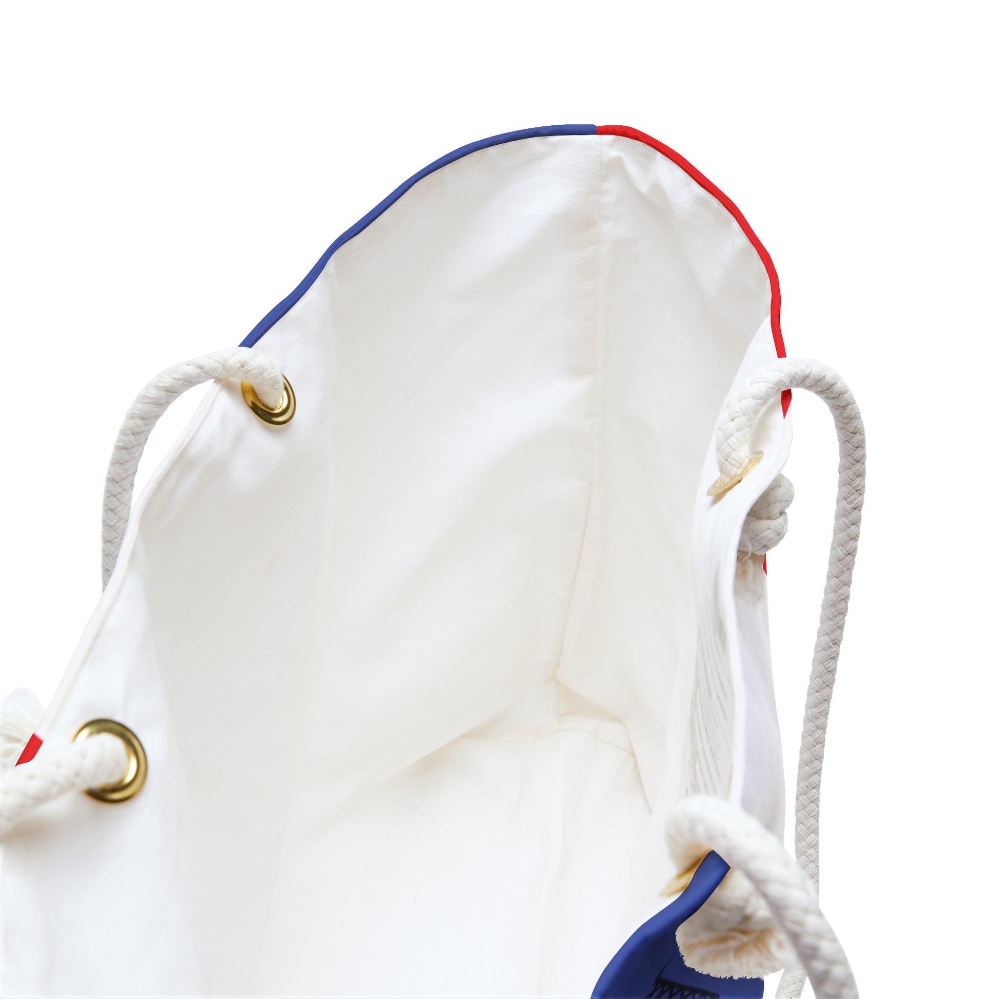 White drawstring bag with red and blue accents on a white background