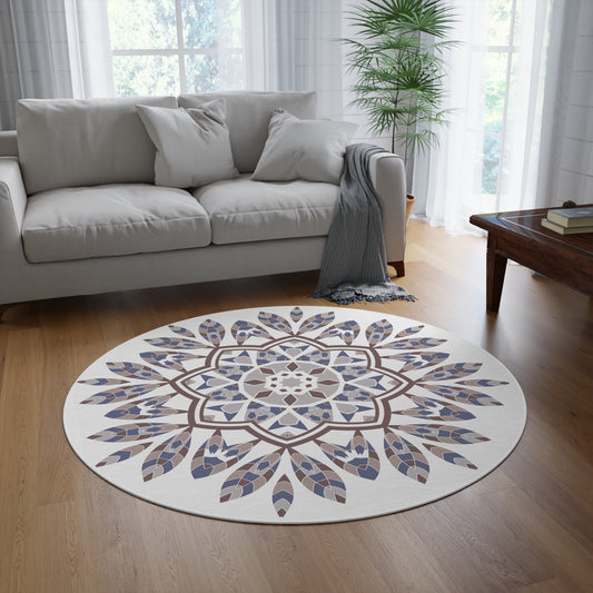 Boho Mandala Round Area Rug – Neutral Blue & Taupe Decorative Floor Accent