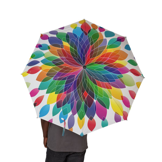 Colorful umbrella with a vibrant pattern on a white background