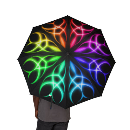 Umbrella with colorful, swirling pattern on a white background