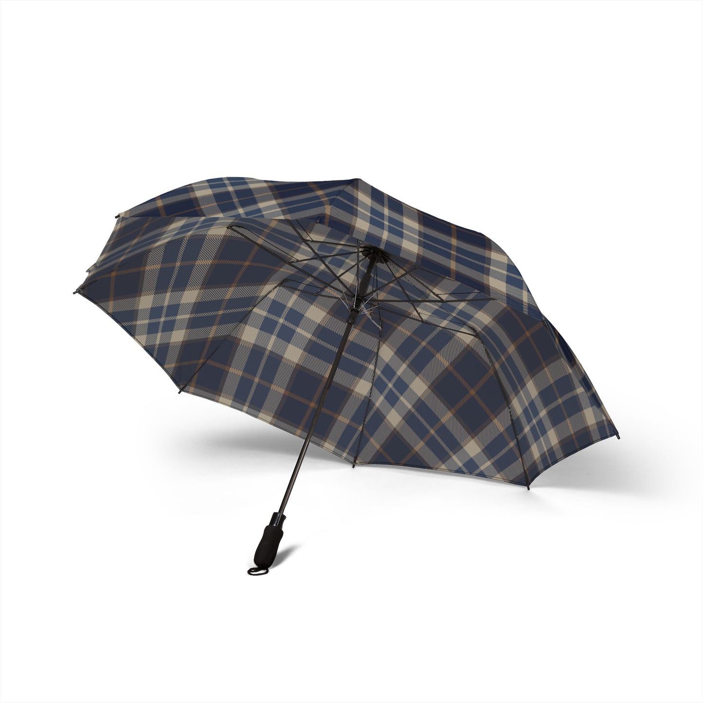 Dark gray umbrella with colorful patterns on a white background
