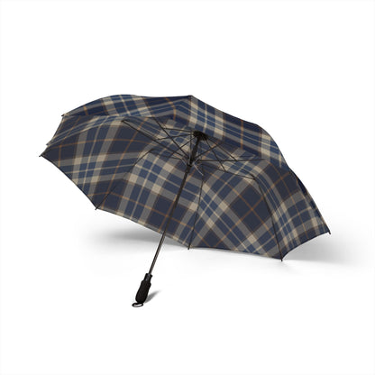 Dark gray umbrella with colorful patterns on a white background