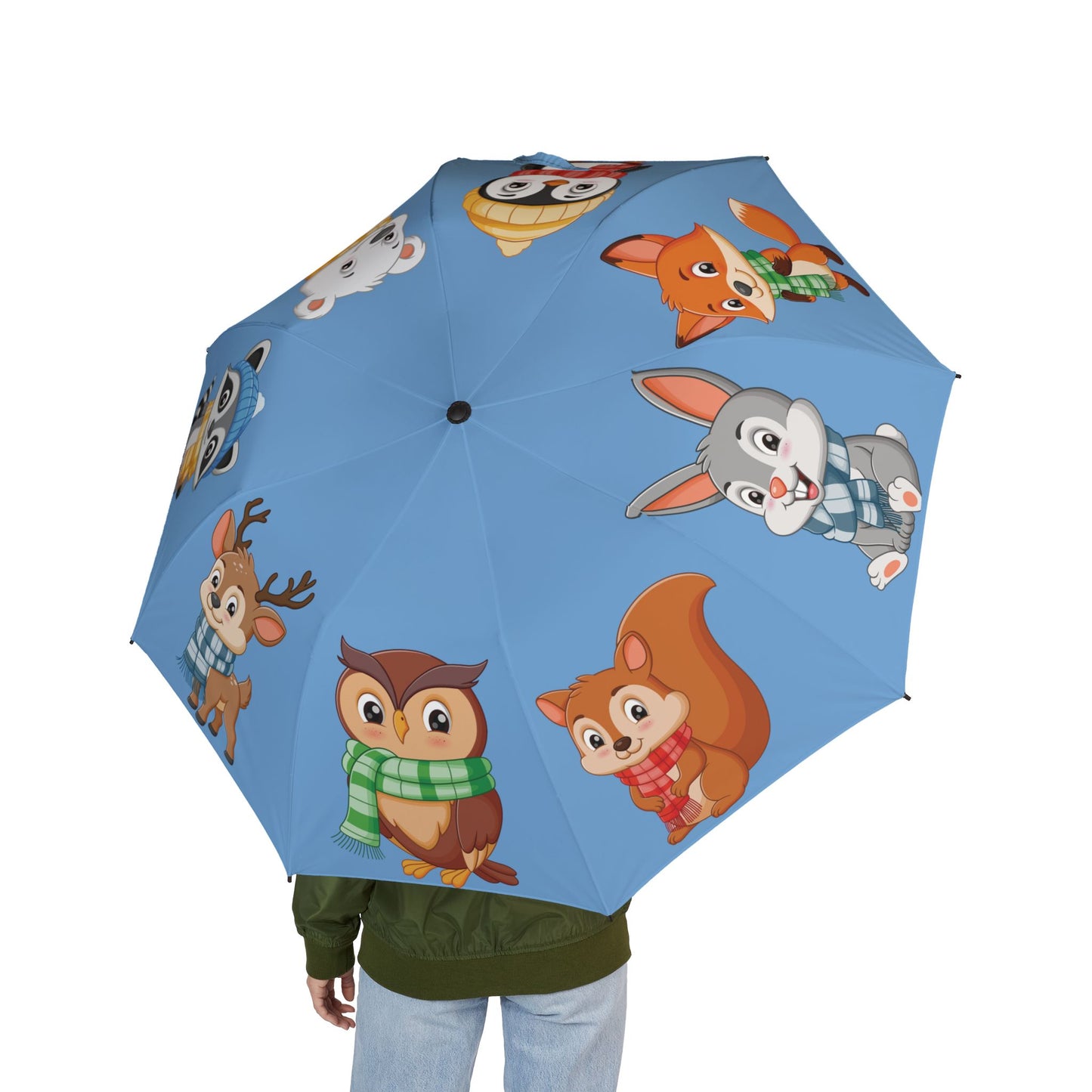 Umbrella with cartoon animal characters on a blue background