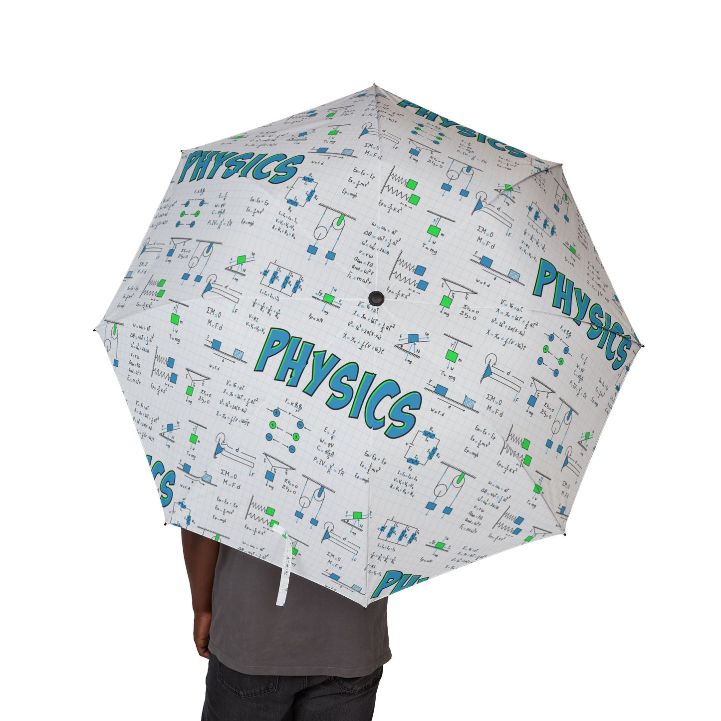 Umbrella with physics-themed design held by a person on a white background