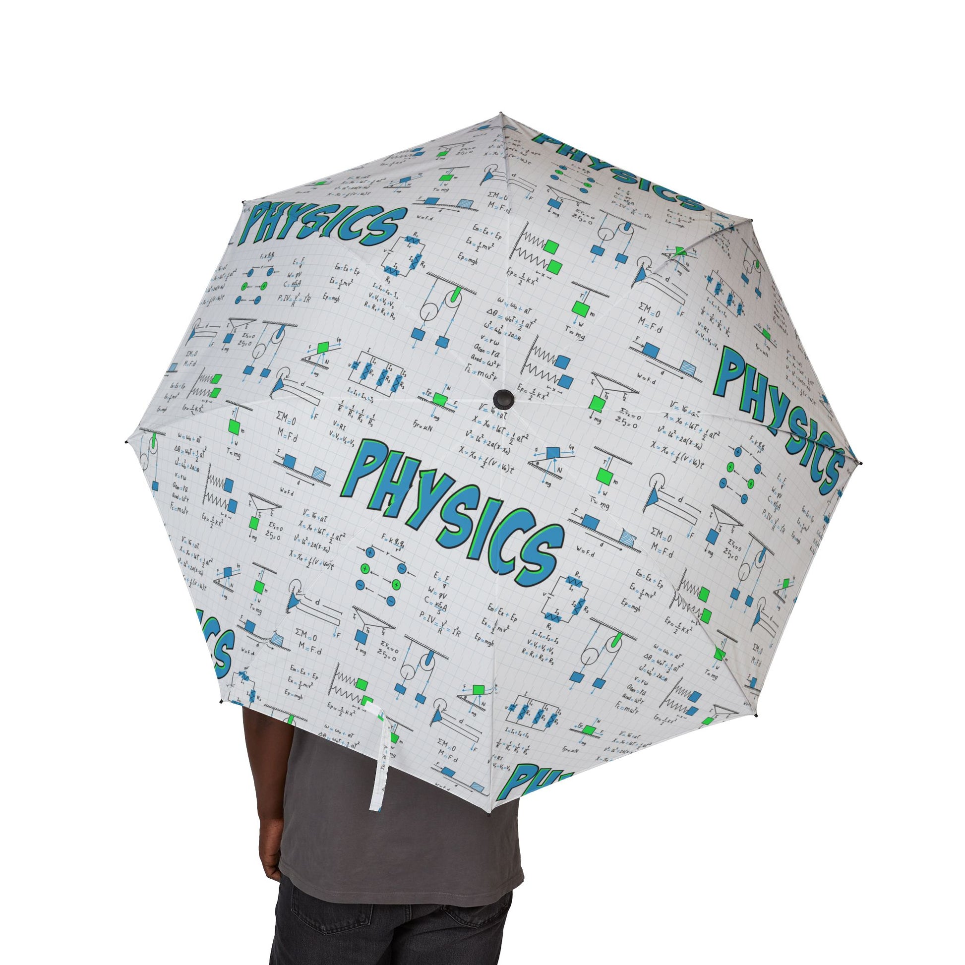 Umbrella with physics-themed design held by a person on a white background