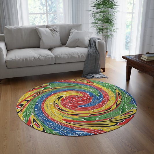 Colorful UNO spiral-patterned rug on a wooden floor in a living room.