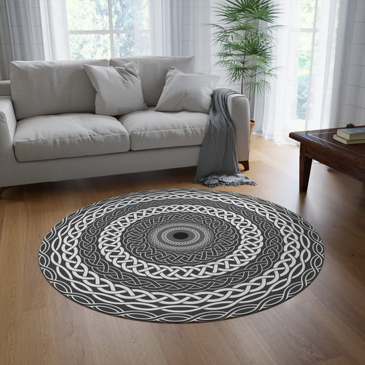 Celtic Knot Monochrome Round Area Rug – Geometric Mandala Floor Accent