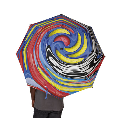 Colorful umbrella with a swirling pattern held by a person on a white background