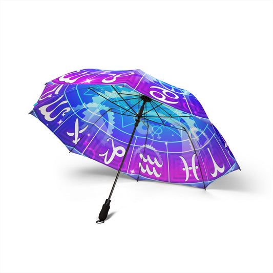 Zodiac Constellation Blue & Purple Pattern Windproof Travel Umbrella – Semi-Automatic Rain Umbrella