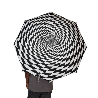 Black and white checkered umbrella with optical illusion pattern