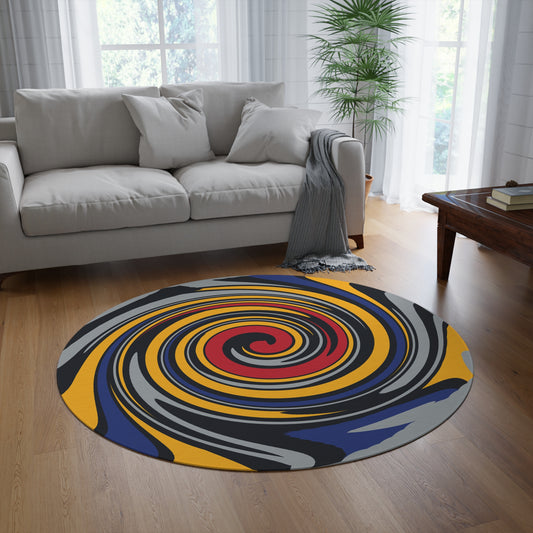 Round colorful spiral rug in a living room with a gray sofa and wooden coffee table.