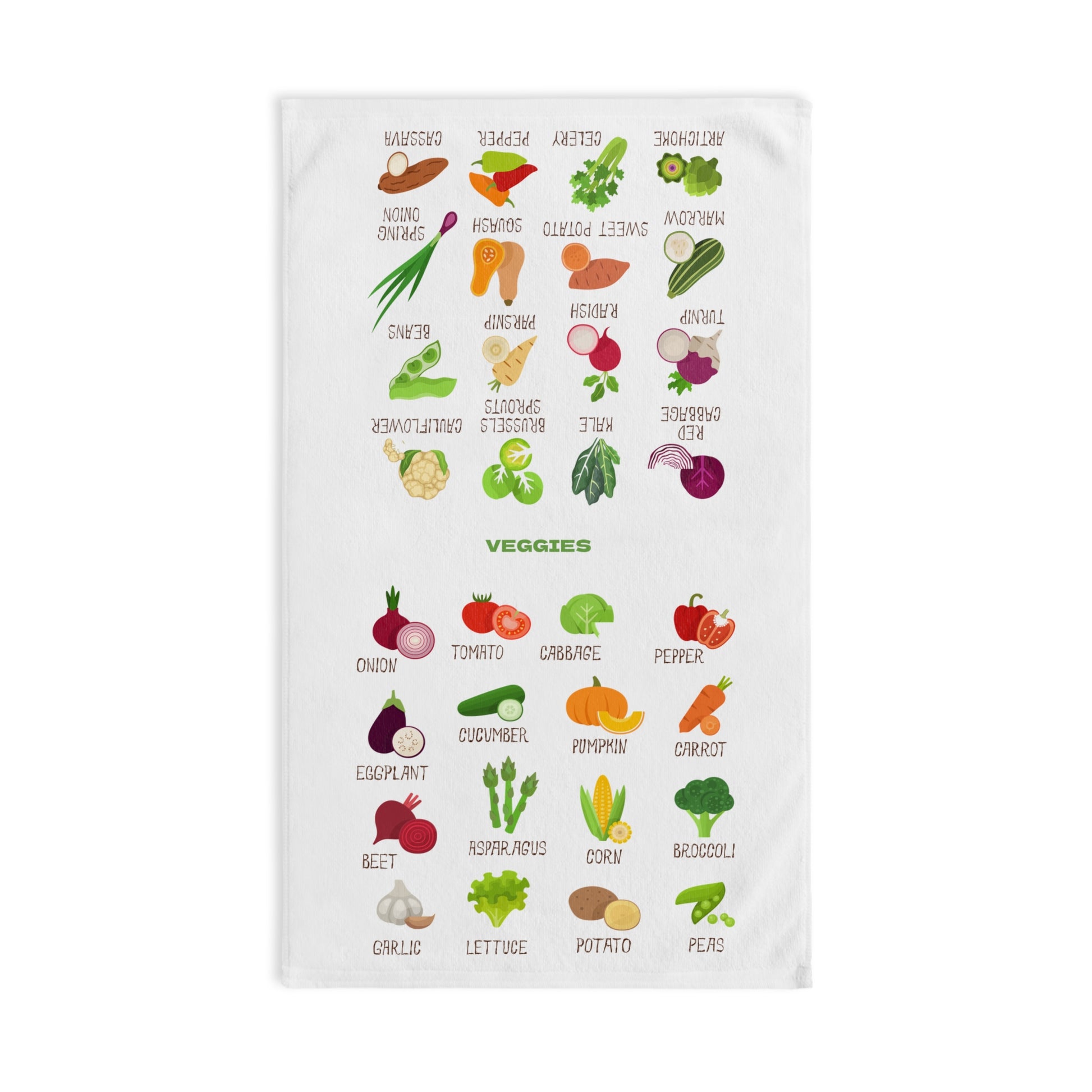 Tea towel with illustrations of vegetables and their names on a white background