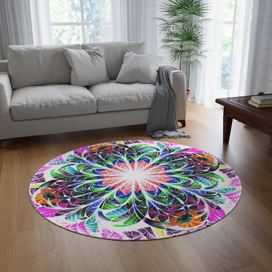 Colorful round rug with a mandala design in a living room setting.
