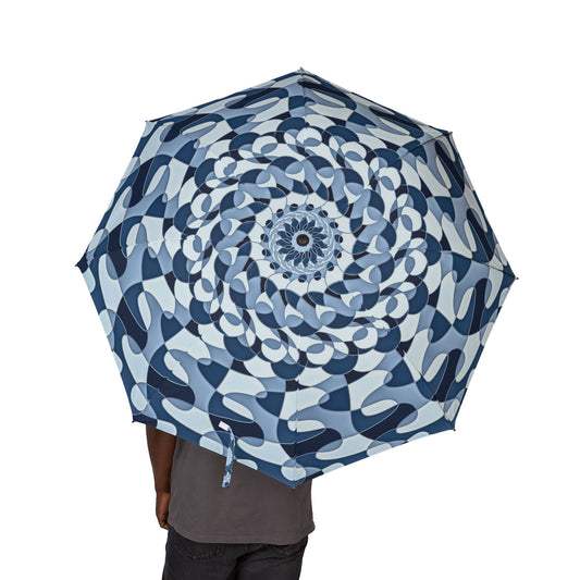 Umbrella with a blue and white geometric pattern on a white background