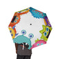 Colorful umbrella with cartoon monster design on a white background