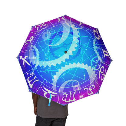Zodiac Constellation Blue & Purple Pattern Windproof Travel Umbrella – Semi-Automatic Rain Umbrella