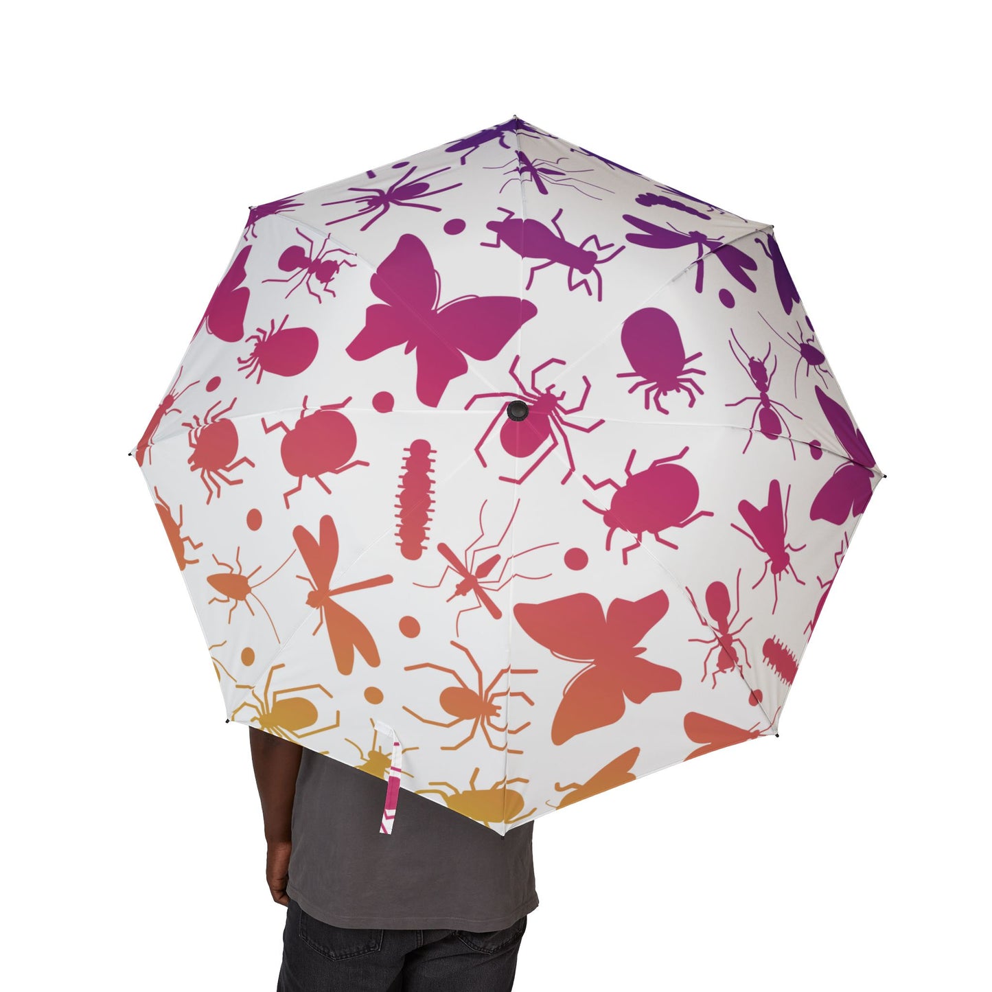 Umbrella with colorful insect pattern on a white background