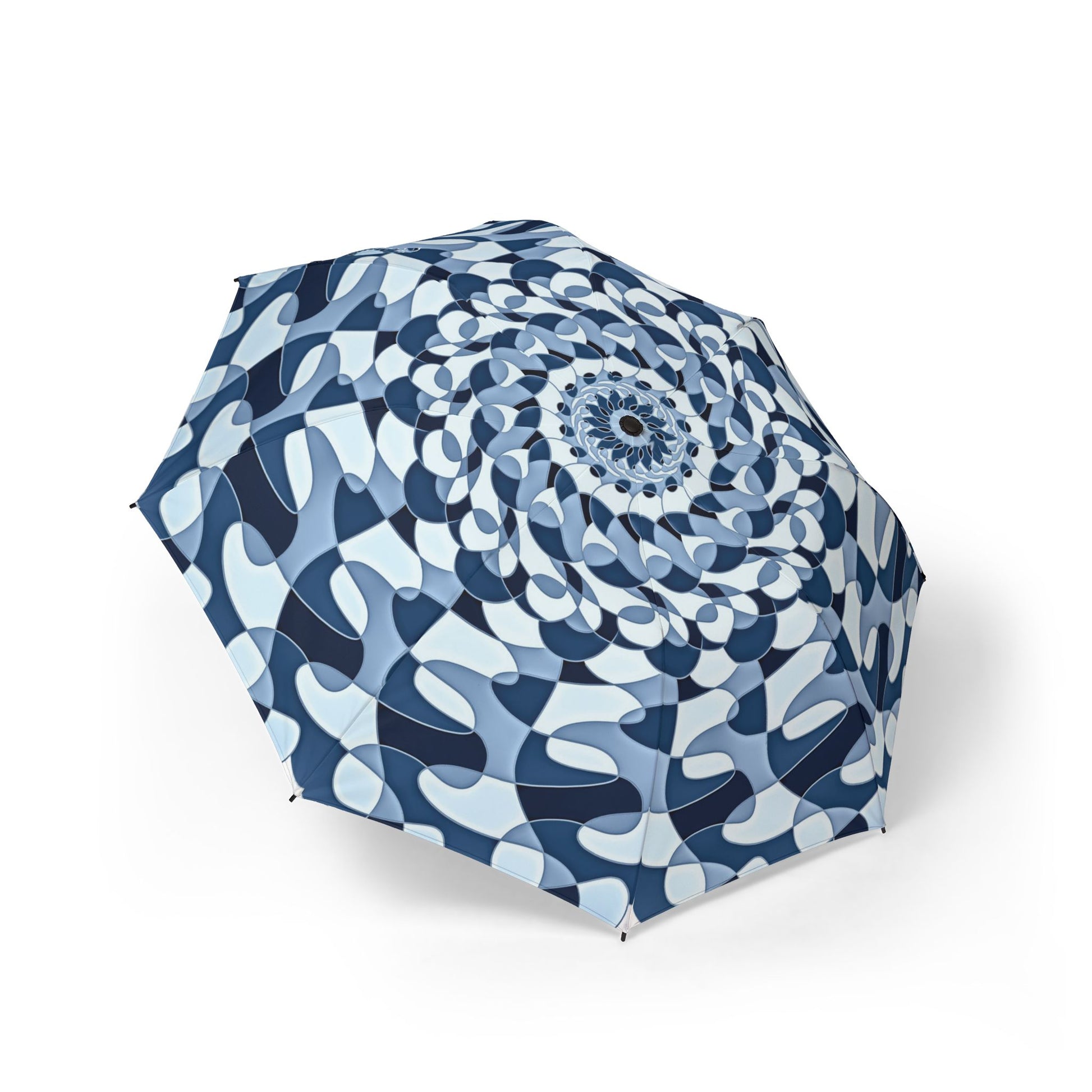 Blue and white patterned umbrella on a white background