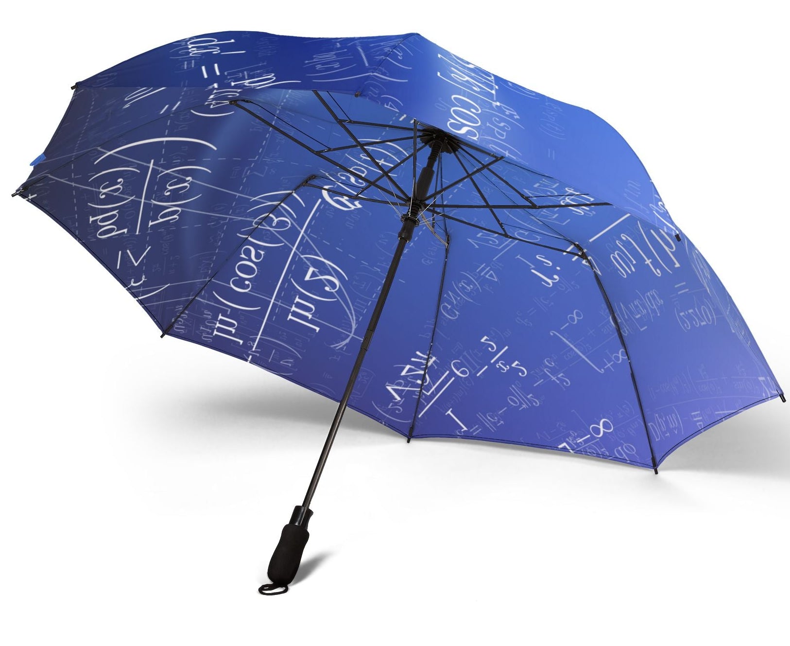 Blue umbrella with mathematical equations on a white background