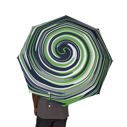 Umbrella with a spiral pattern in green, blue, and white on a white background