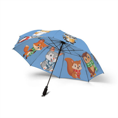 Blue umbrella with cartoon animal characters on a white background