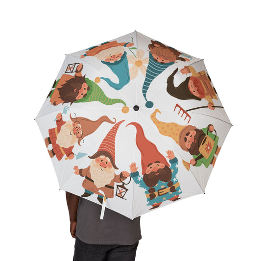 Umbrella with cartoon gnomes on a white background