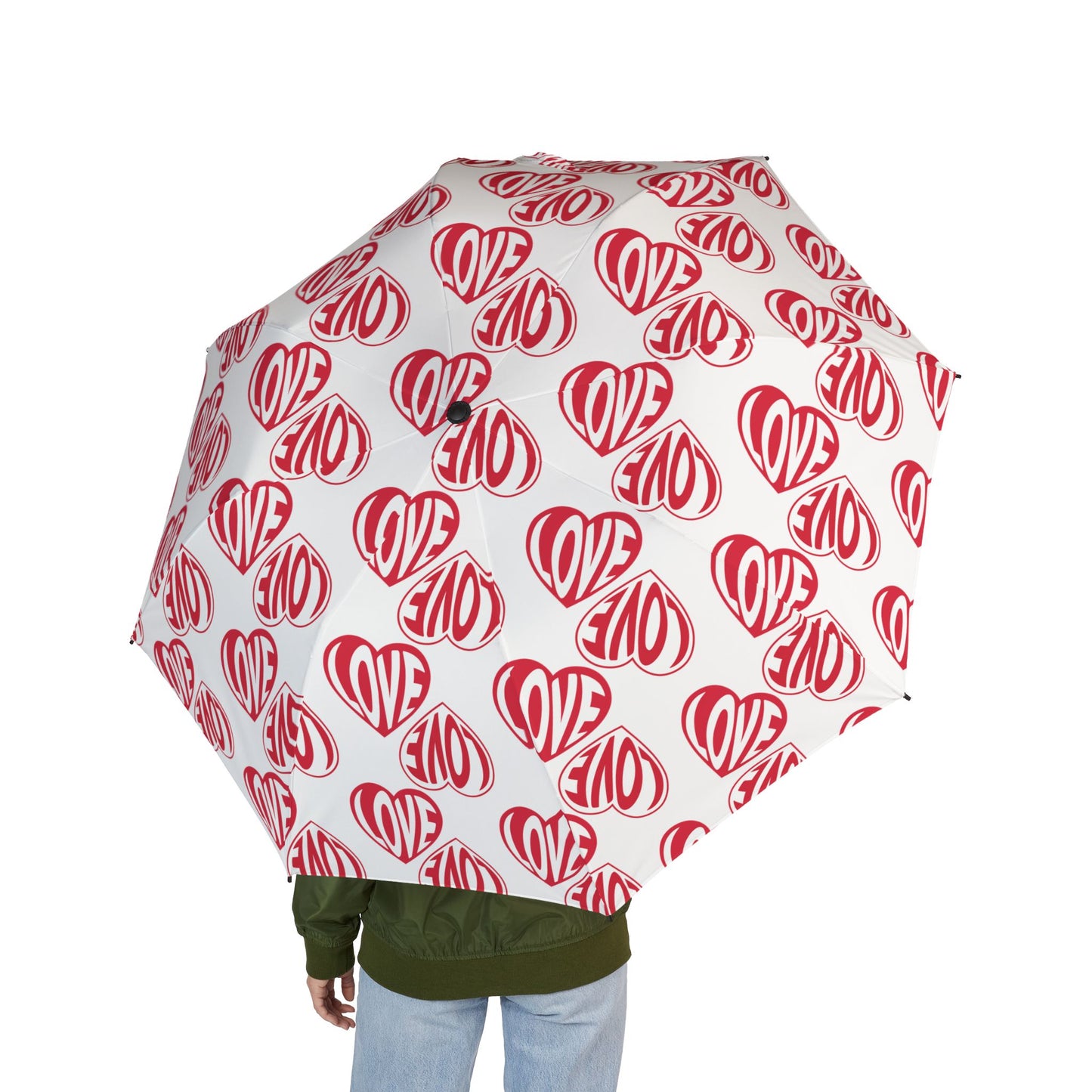 Red 'LOVE' Heart Pattern, Semi-Automatic Compact Rain Umbrella