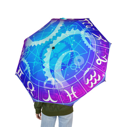 Zodiac Constellation Blue & Purple Pattern Windproof Travel Umbrella – Semi-Automatic Rain Umbrella