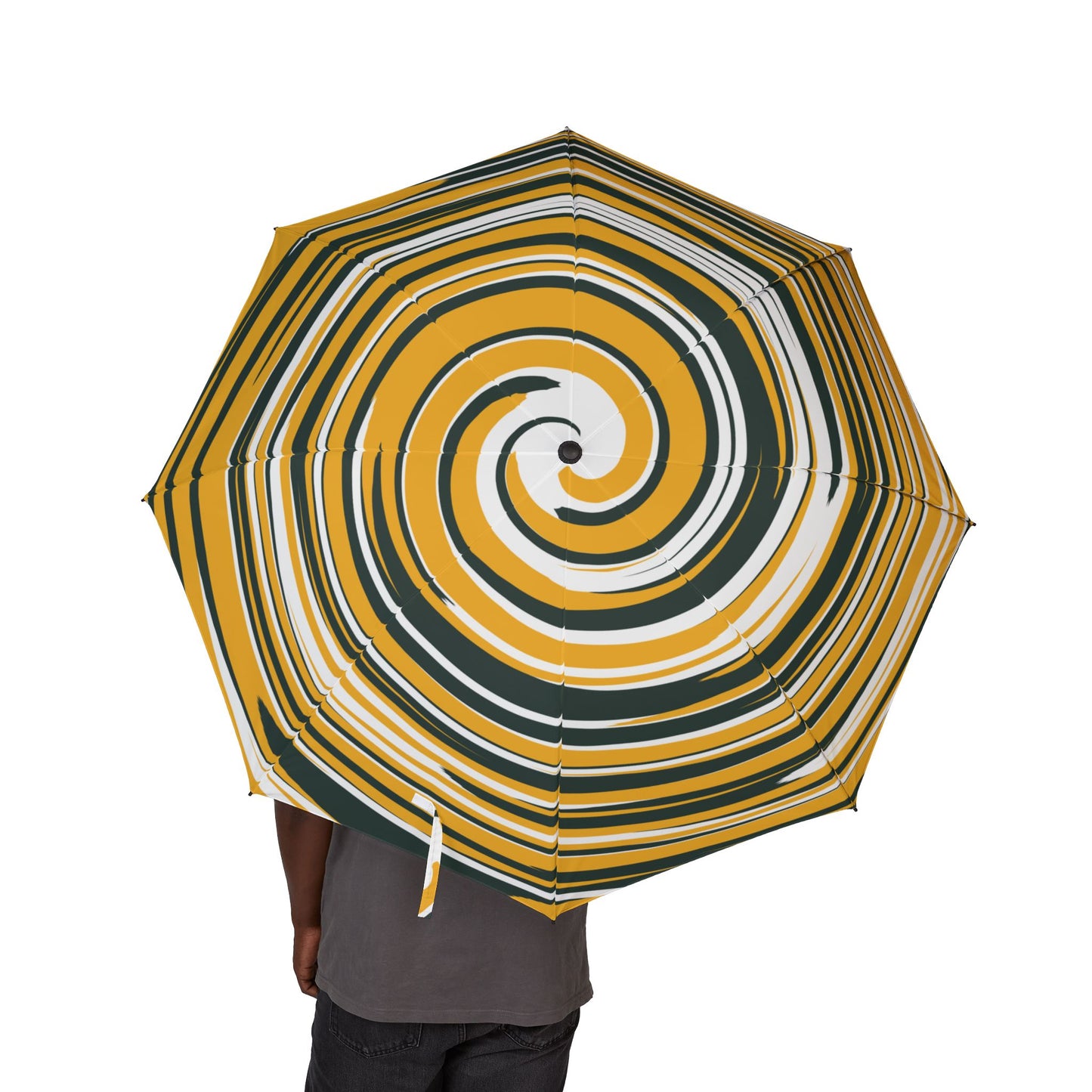 Umbrella with a spiral pattern in yellow, green, and white on a white background