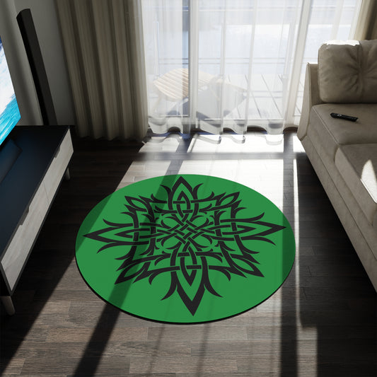Celtic Knot Green & Black Round Rug | Tribal Medallion Floor Accent