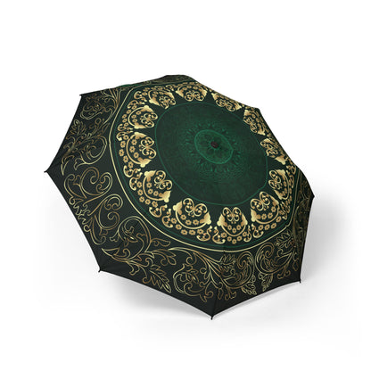 Emerald Gold Mandala Umbrella - Windproof Foldable | Elegant Gift