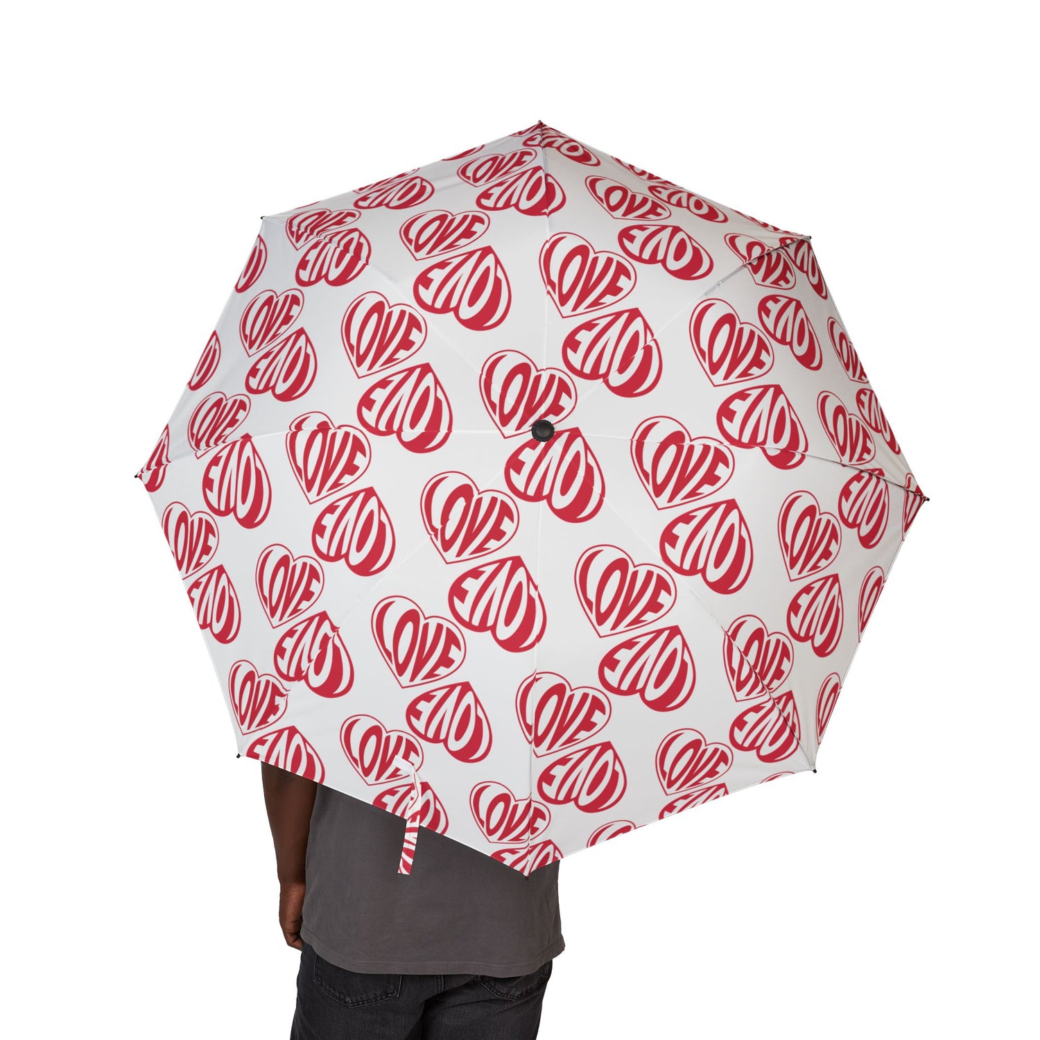 Umbrella with red heart and 'LOVE' pattern on white background