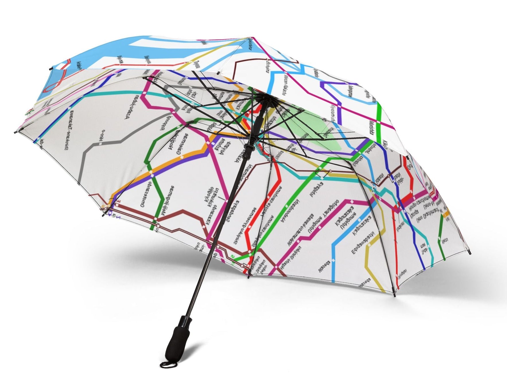 Umbrella with colorful map design on a white background