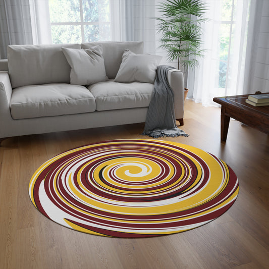 Round colorful rug with concentric circles on a wooden floor in a living room.
