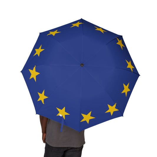 Umbrella with yellow stars on a blue background, resembling the European Union flag.