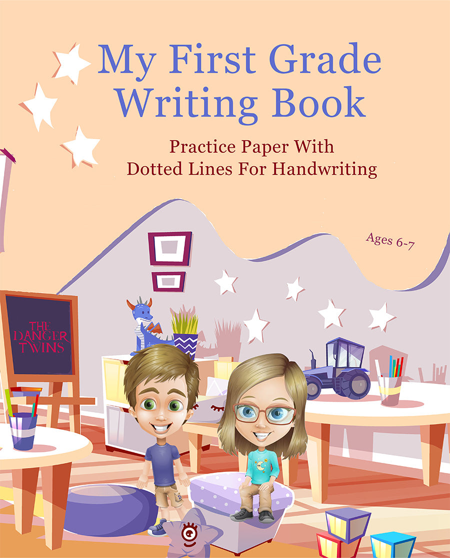 Book cover of 'My First Grade Writing Book' with cartoon characters in a classroom setting.