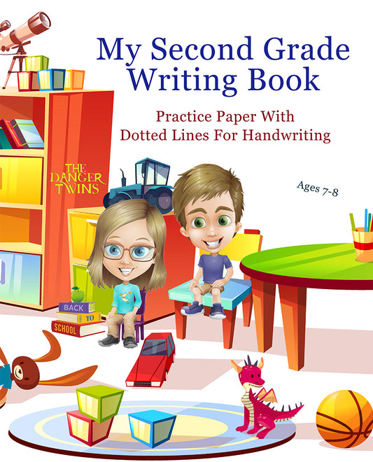 Children's book cover with two cartoon children at a table, colorful books, and toys.