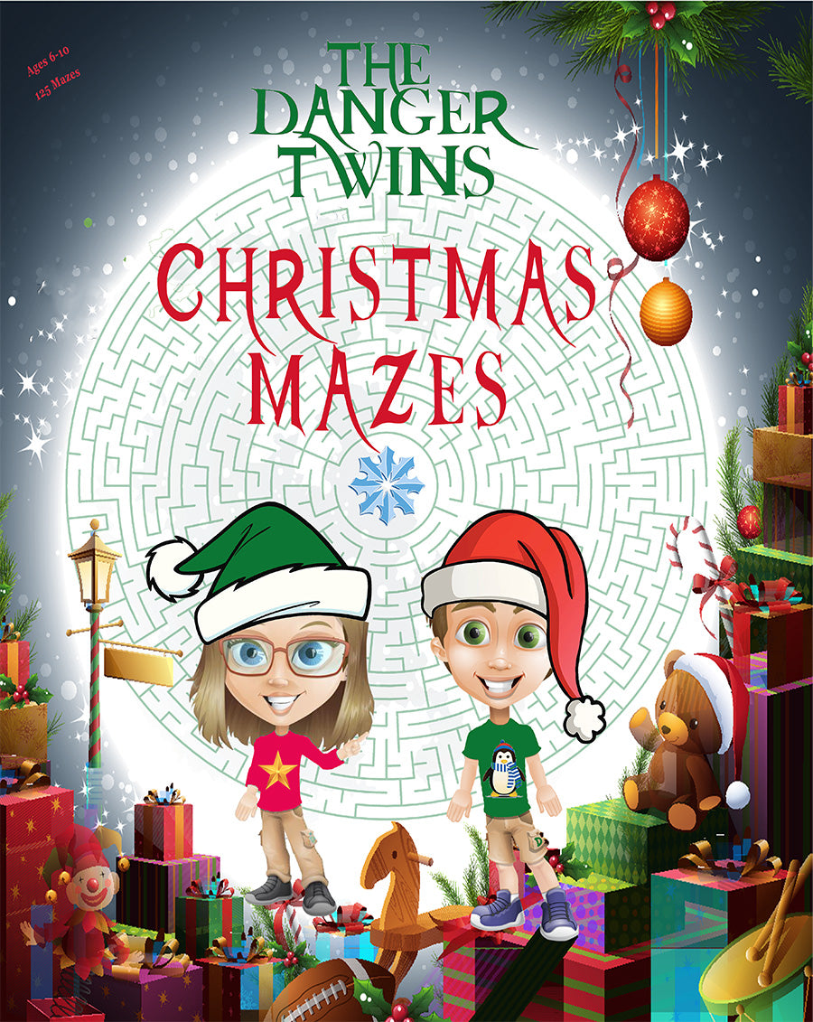 Book cover of 'The Danger Twins Christmas Mazes' with two children in Santa hats and Christmas decorations.