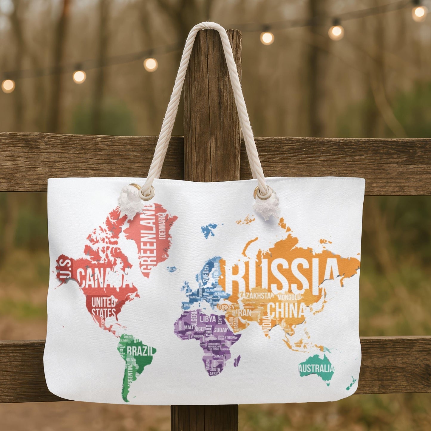 Vintage world map pattern detail on canvas tote bag