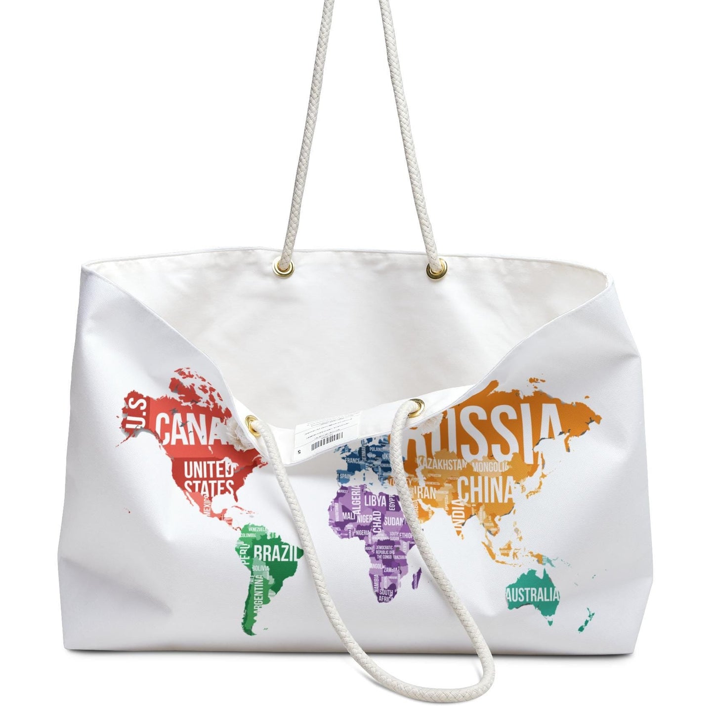 Geography themed weekender tote bag side view display