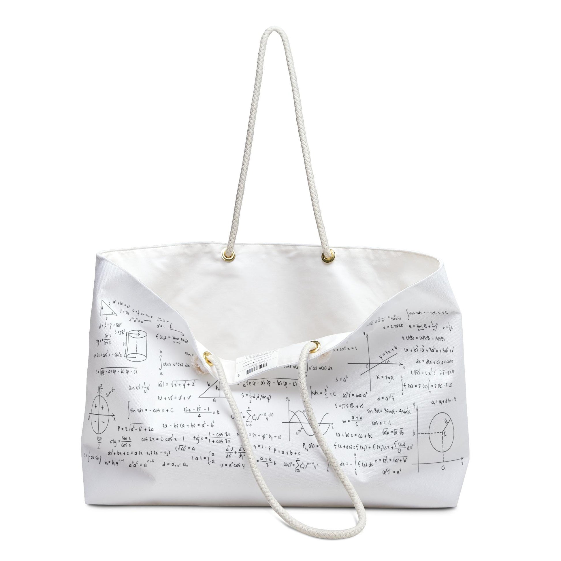 Weekender tote bag cream interior lining with math formula theme