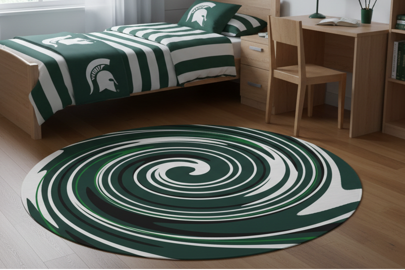 Michigan State rug in themed dorm room