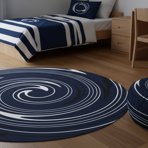 Penn State dorm with rug and ottoman