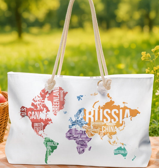 Large 24 inch travel tote bag with world map pattern front view
